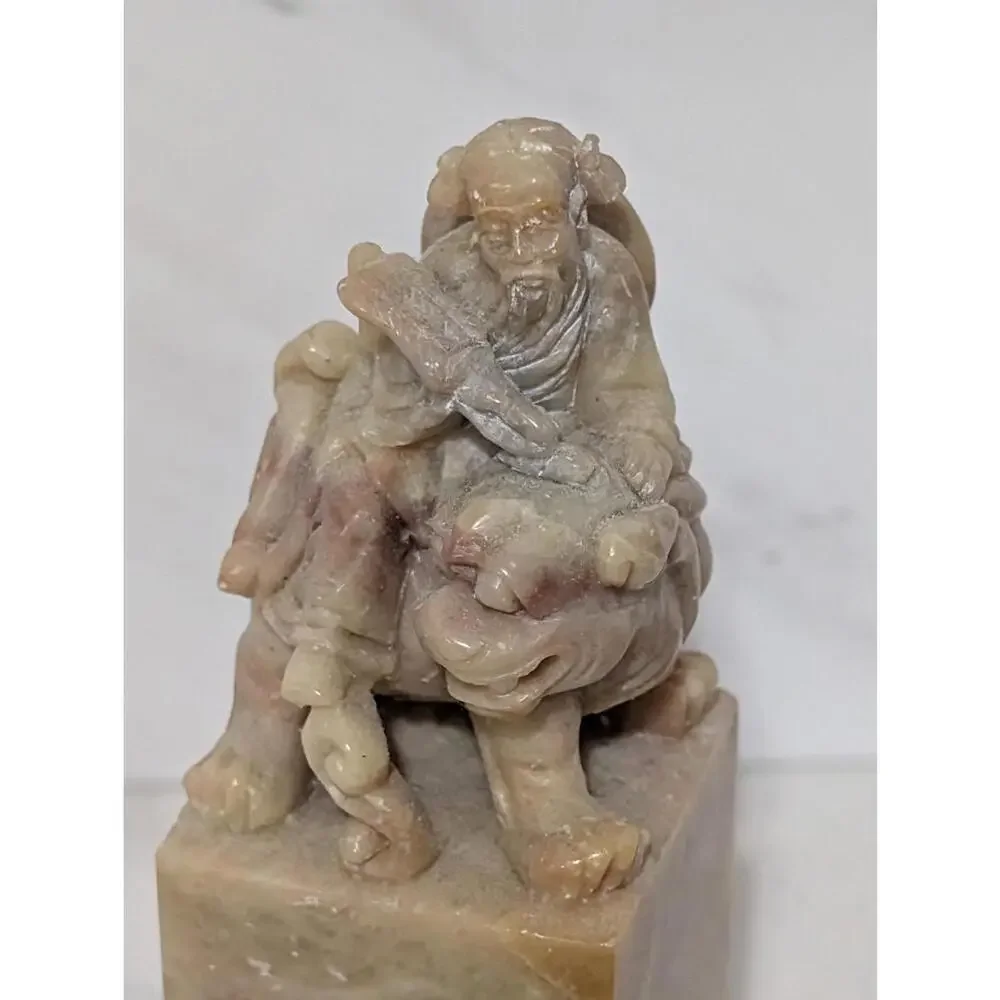 Chinese Carved Stone Figurine of a Man on a Mythical Creature Chung-Li Chuan